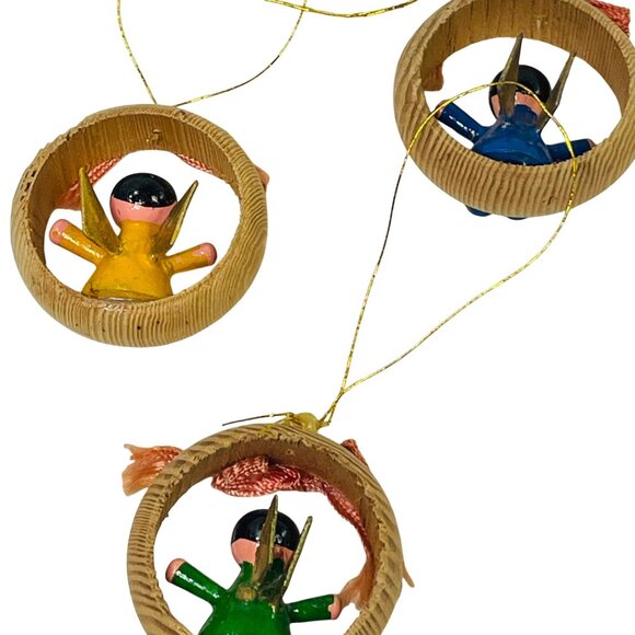 Handcrafted Wooden Angel Ornaments Set Of 3 With Ribbon Accents & Gold Wings - Picture 5 of 6